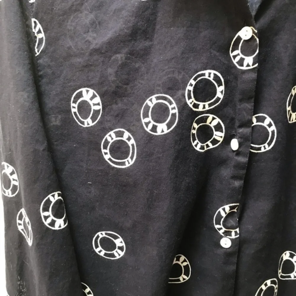 J Crew Navy with White Print Collared, Long Sleeved Top-Medium